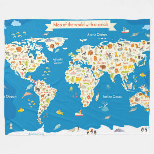 Kids Map of the World With Animals Fleece Blanket