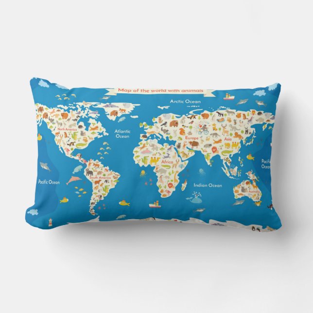 Kids Map of the World With Animals Lumbar Pillow (Front)