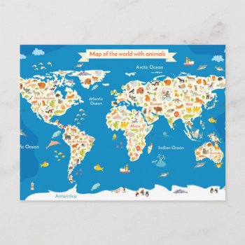 Kids Map Of The World With Animals Postcard by adventurebeginsnow at Zazzle