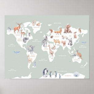 Kids Map of the World With Animals  Poster