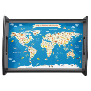 Kids Map of the World With Animals Serving Tray