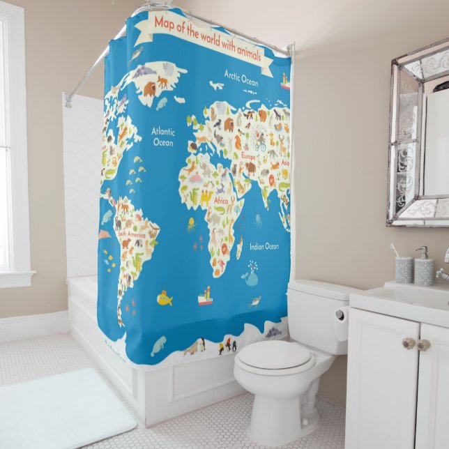 Kids Map of the World With Animals Shower Curtain (In Situ)