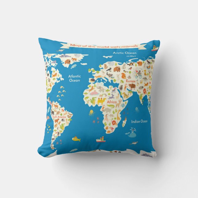 Kids Map of the World With Animals Throw Pillow (Front)