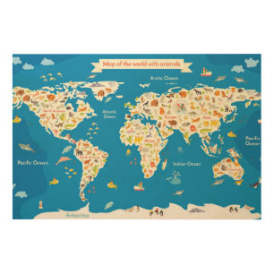 Kids Map of the World With Animals Wood Wall Decor