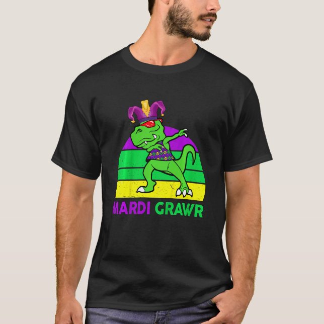 Kids Mardi Gras Costume Dabbing T Rex Dinosaur Fun T-Shirt (Front)