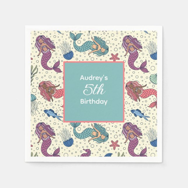 Kids Mermaid Birthday Napkins (Front)