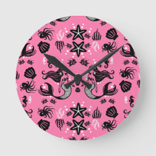 Kids Mermaid Pink Round Clock