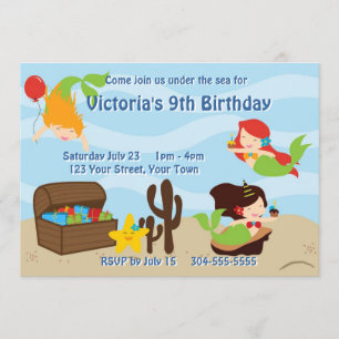 Kids Mermaid Pool Birthday Party Invitation