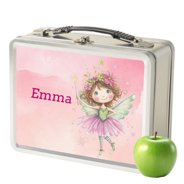 Kids Metal Lunch Box - Personalized Pink Fairy  (KIDS LUNCHBOXES - Pink Watercolour Pastel, Cute Fairy Personalised Lunch Box/Snack Box)