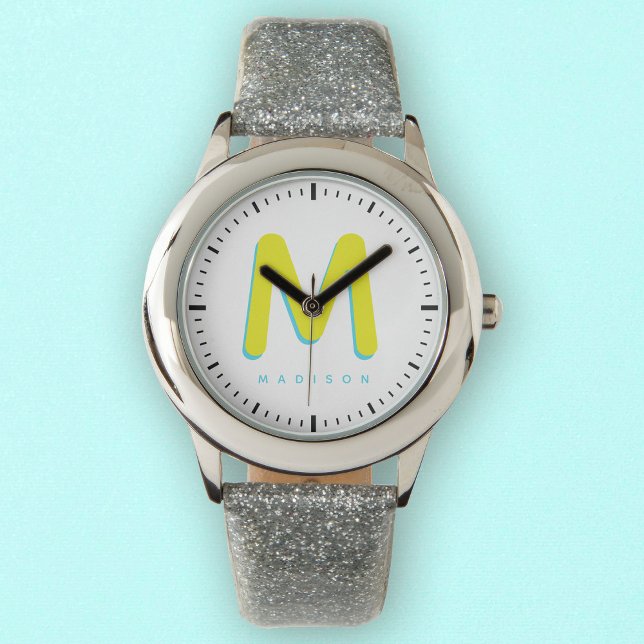 Kids Modern Cute Cool Custom Name 3D Monogram Watch (Time for fun! Our kids' watch with a cute 3D monogram, custom name, and playful vibes.)