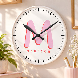 Kids Modern Cute Fun Custom Name 3D Monogram Round Clock