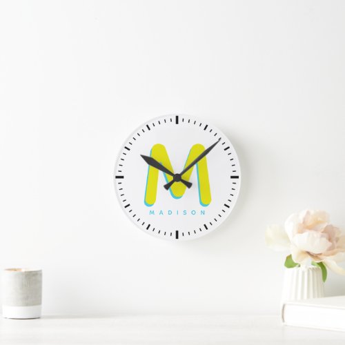 Kids Modern Cute Fun Custom Name 3D Monogram Round Clock