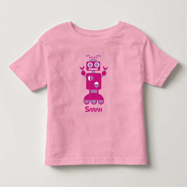 Kids Modern Pink Purple Robot Personalized Girls Toddler T-shirt (Front)