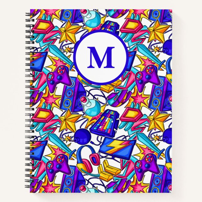 Kids Monogrammed Comic Gaming Items Pattern  Notebook (Front)