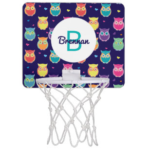 Kids Monogrammed Midnight Owl Pattern Colorful Mini Basketball Hoop