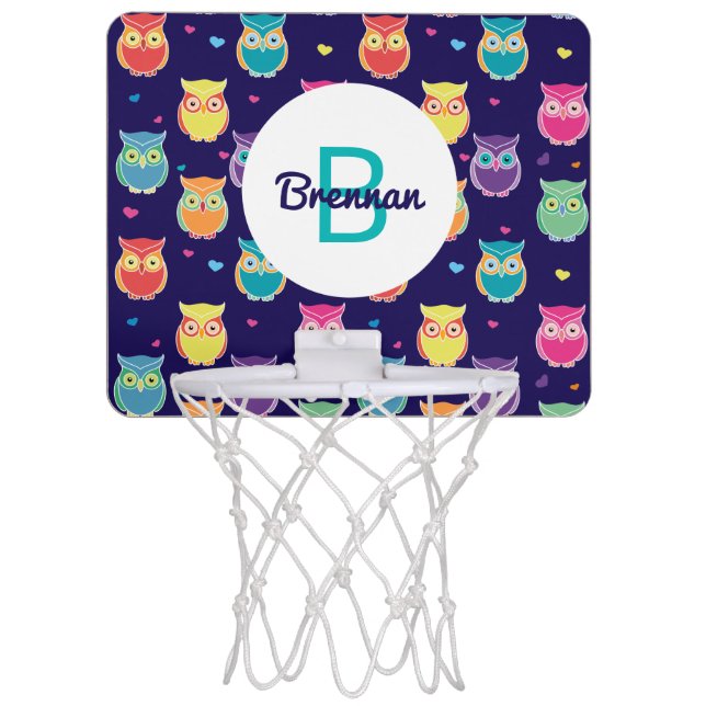 Kids Monogrammed Midnight Owl Pattern Colorful Mini Basketball Hoop (Front)