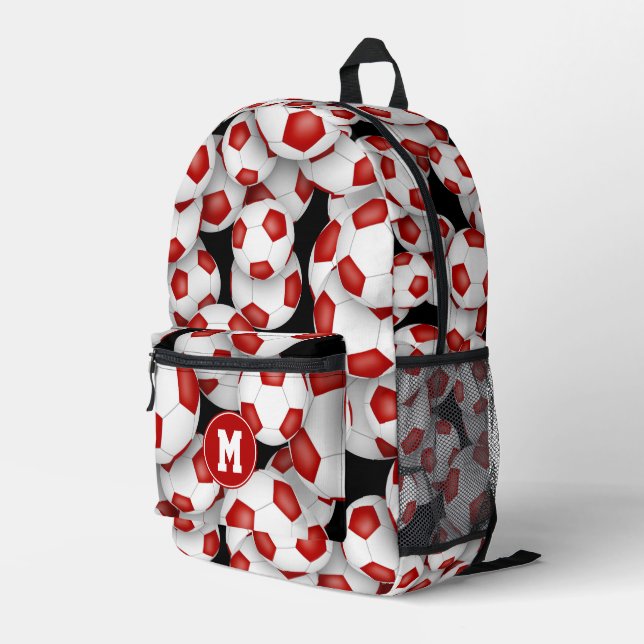kids monogrammed red white soccer balls printed backpack (Back Corner Right)