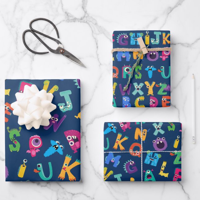 Kids Monster ABC Silly Alphabet Monsters Wrapping Paper Sheets (Front)