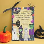 Kid's Monster Bash Costume Halloween Birthday Invi Invitation<br><div class="desc">This cute and spooky birthday party invitation is perfect for the Halloween season. It features hand-drawn watercolor illustrations including; a ghost, witch, mummy, Frankenstein, bat, and candy lollipops on top of a creepy yellow and navy blue abstract background. It's fun, cool, unique, and playful; the perfect design to set the...</div>