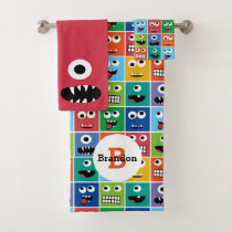 Kids Monster Face Pattern Colorful Monogram Boys Bath Towel Set