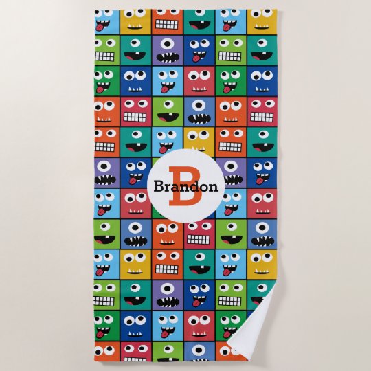Kids Monster Face Pattern Colorful Monogram Boys Beach Towel