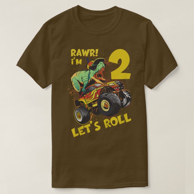 Kids Monster Truck 2nd Birthday Boy Dinosaur 2 Yea T-Shirt (Design Front)
