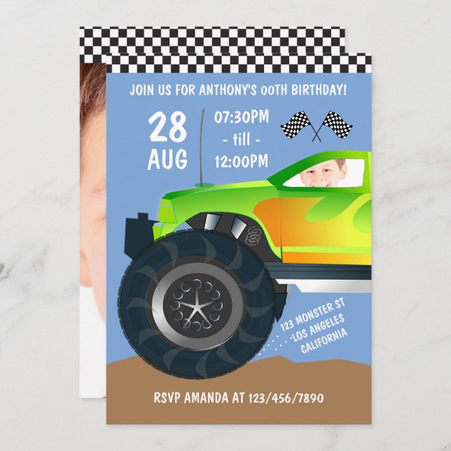 Kids Monster Truck Birthday Party add photo invite (Front/Back)