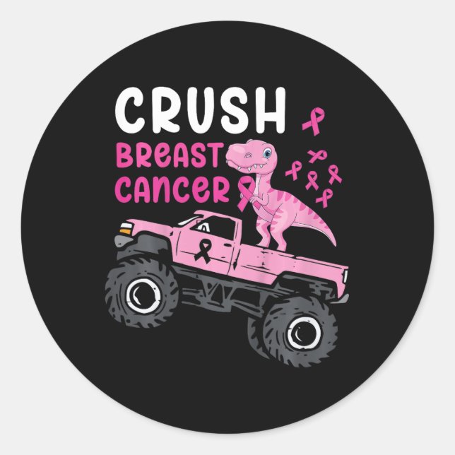 Kids Monster Truck Dinosaur Crush Breast Cancer Aw Classic Round Sticker (Front)