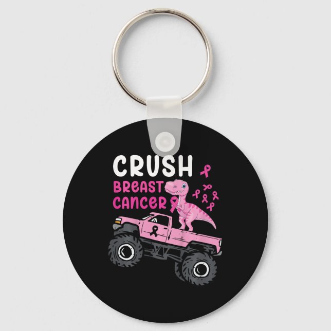 Kids Monster Truck Dinosaur Crush Breast Cancer Aw Keychain (Front)