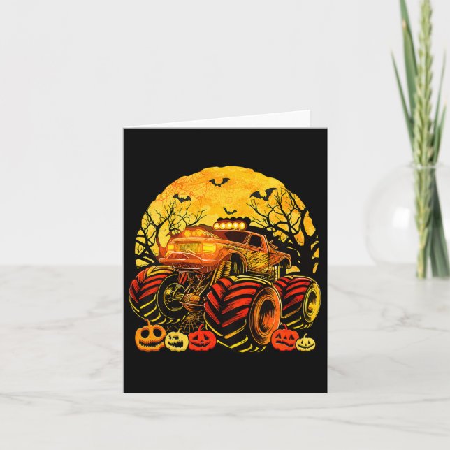 Kids Monster Truck Halloween Jack O Lantern Boys T Card (Front)