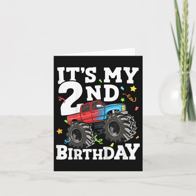 Kids Monster Truck Its My 2nd Birthday Boy Two 2 T Card (Front)
