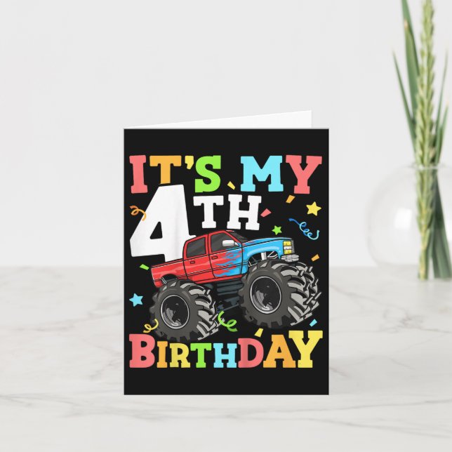Kids Monster Truck Its My 4th Birthday Boy 4 Four  Card (Front)