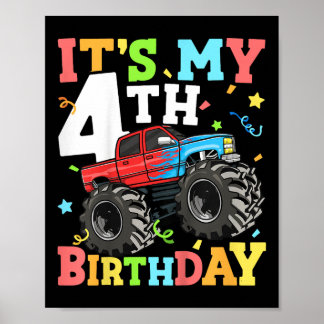 Kids Monster Truck Its My 4th Birthday Boy 4 Four Poster