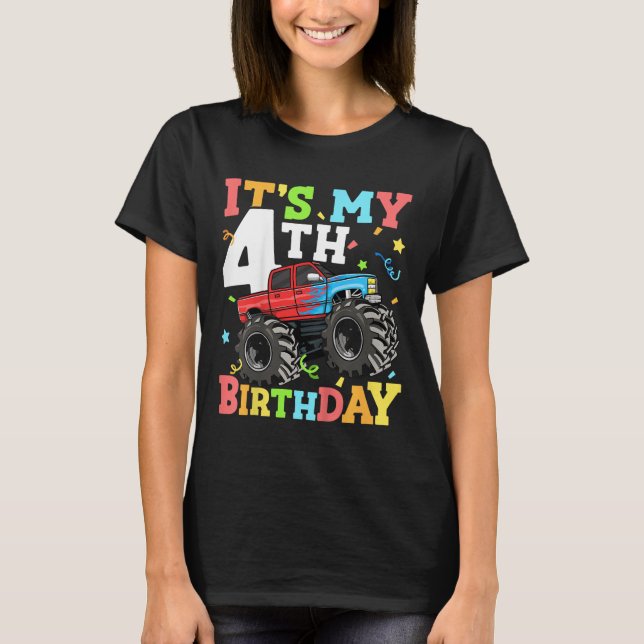 Kids Monster Truck Its My 4th Birthday Boy 4 Four  T-Shirt (Front)
