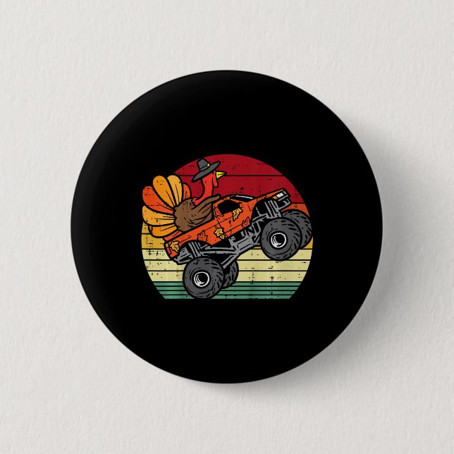 kids monster truck turkey sunset retro thanksgivin button (Front)