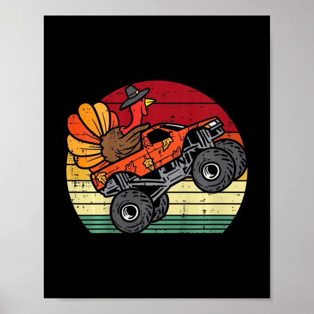 kids monster truck turkey sunset retro thanksgivin poster (Front)
