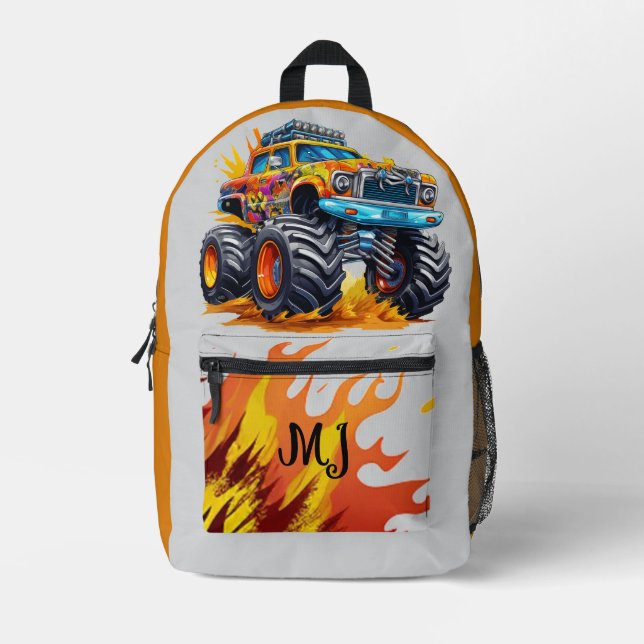 Kids Monster Truck with Orange Flames Initials Printed Backpack (Front)