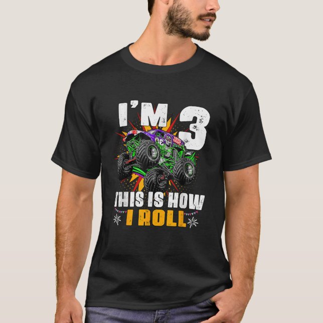 Kids Monster Trucks 3rd Birthday Party Shirt Three (Front)