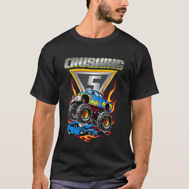 Kids Monster Trucks 5th Birthday Party  Crushing 5 T-Shirt (Front)