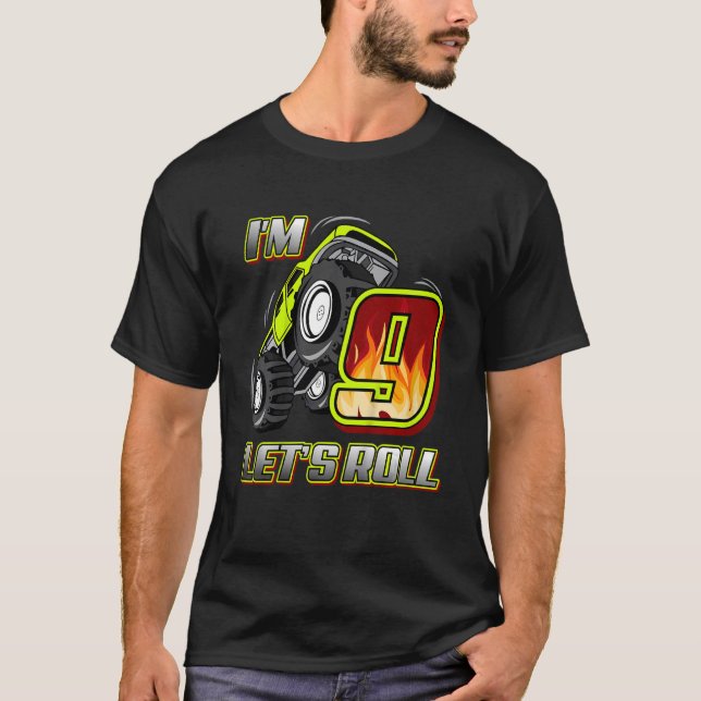 Kids Monster Trucks 9th Birthday  I'm 9 Let's Roll T-Shirt (Front)
