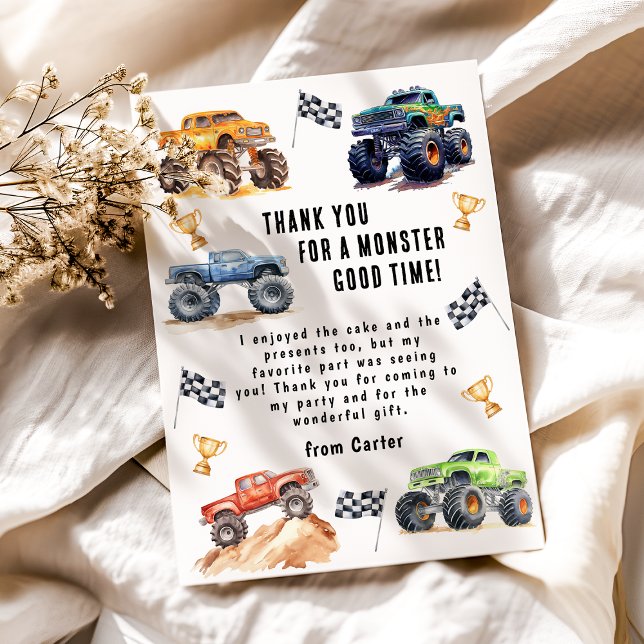 Kids Monster Trucks Birthday Party Thank You Card (Creator Uploaded)