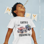 Kids Monster Trucks Birthday T-Shirt<br><div class="desc">Rev up the fun with our Kids Monster Car Trucks personalized birthday t-shirt! Your child's name and age will be proudly displayed alongside adorable and vibrant monster car trucks, flags, and gold cups. This is the ultimate birthday shirt for any young car lover. So get ready to hit the road...</div>