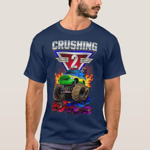 Kids Monster Trucks Crushing 2 Boys 2nd Birthday T_Shirt