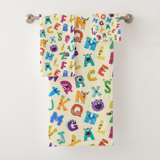 Kids Monsters ABC Silly Alphabet Monster Bath Towel Set (Insitu)