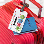 Kids Monsters Photo Luggage Tag<br><div class="desc">This monster themed luggage tag is perfect for kids going on vacation. The tag features,  4 monsters in shades of green,  blue and red,  bunting and their name. The font styles,  sizes and colors can be changed after personalizing by clicking on the customize further link.</div>