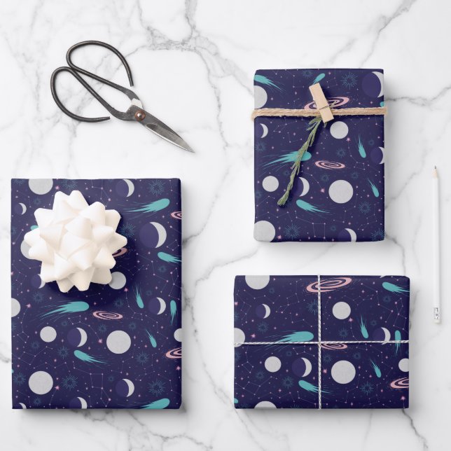 Kids Moon Meteor Black Hole Planet Comet Wrapping Paper Sheets (Front)