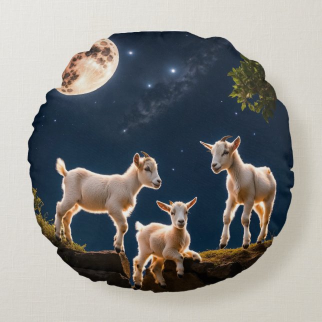 "Kid's Moonlight Flight: Whimsical Baby Goat Pillo Round Pillow (Front)