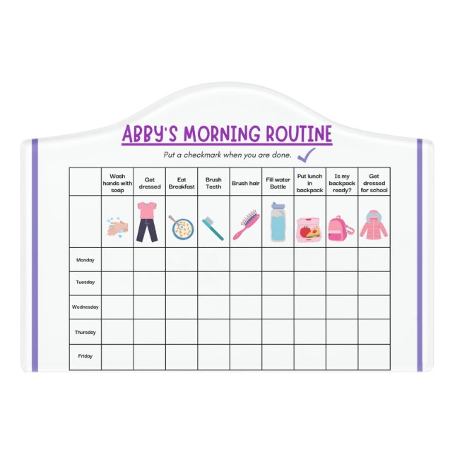 Kids Morning Routine Checklist with Cute Icons Door Sign (Small Crest Front)