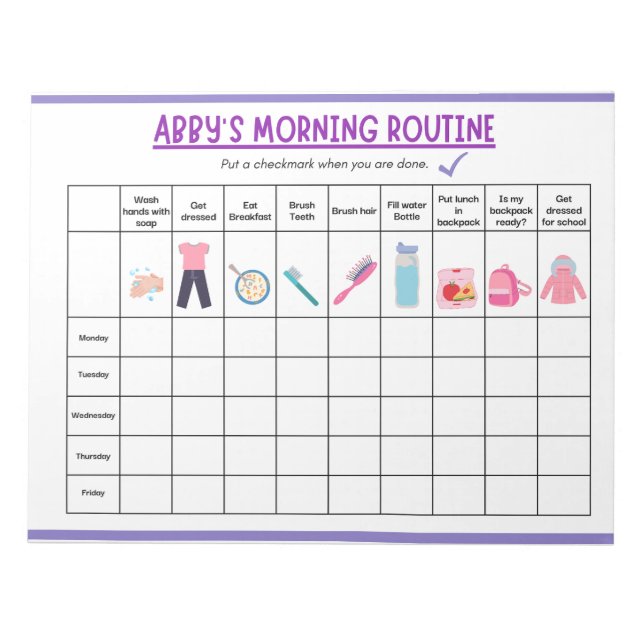 Kids Morning Routine Checklist with Cute Icons Notepad (Front)