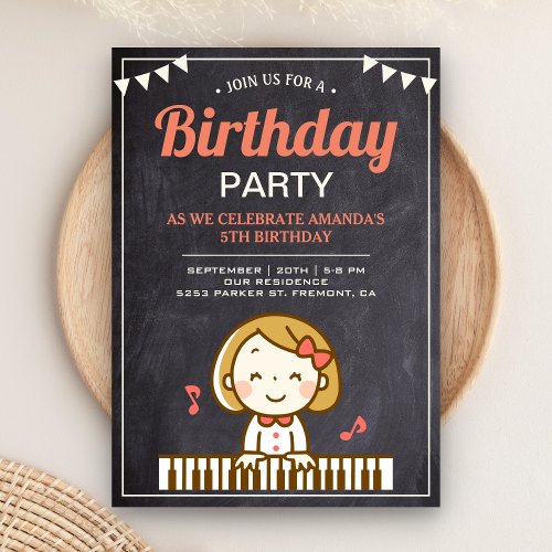 Kids Music Theme Cute Girl Pianist Birthday Party Invitation